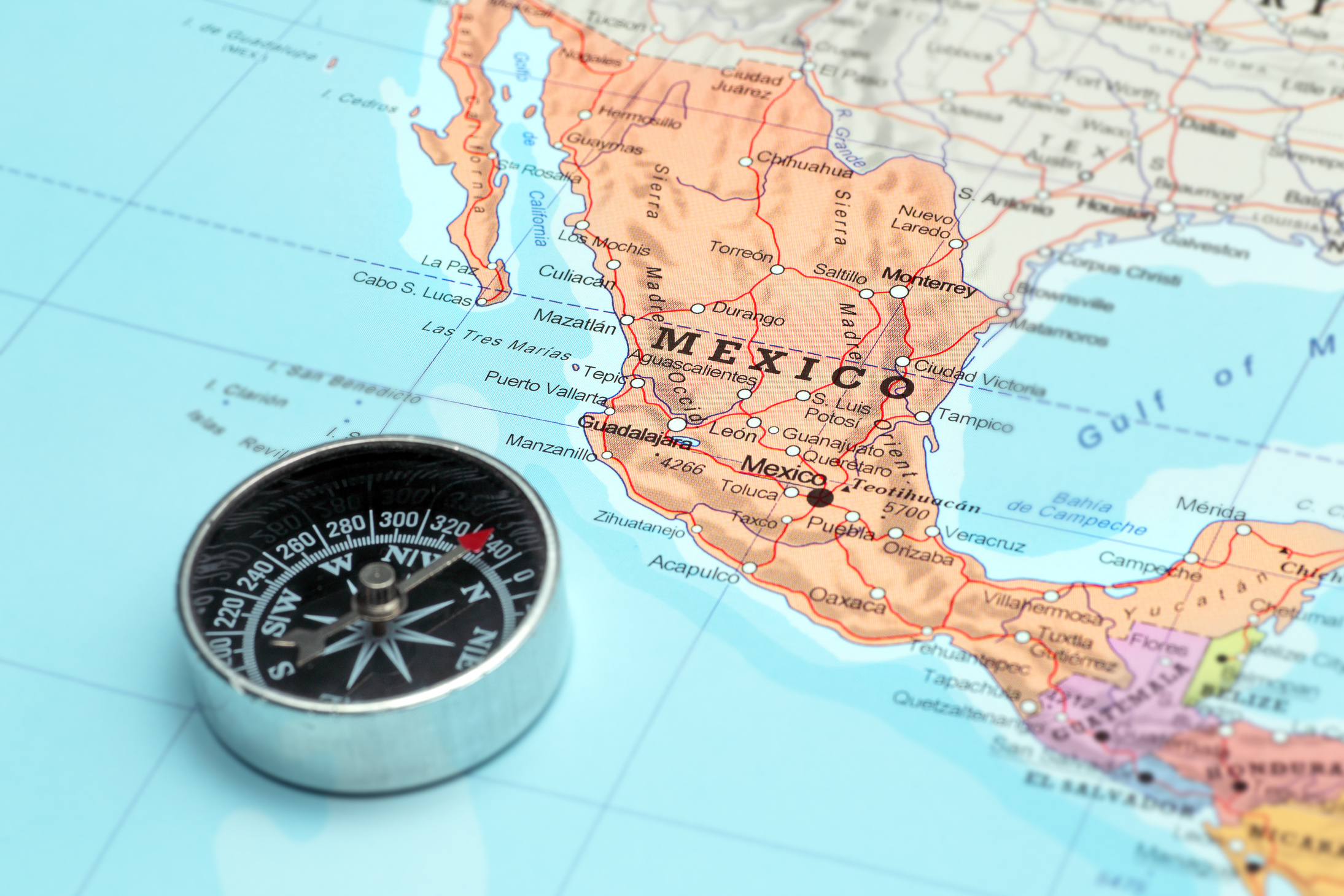 Travel destination Mexico, map with compass