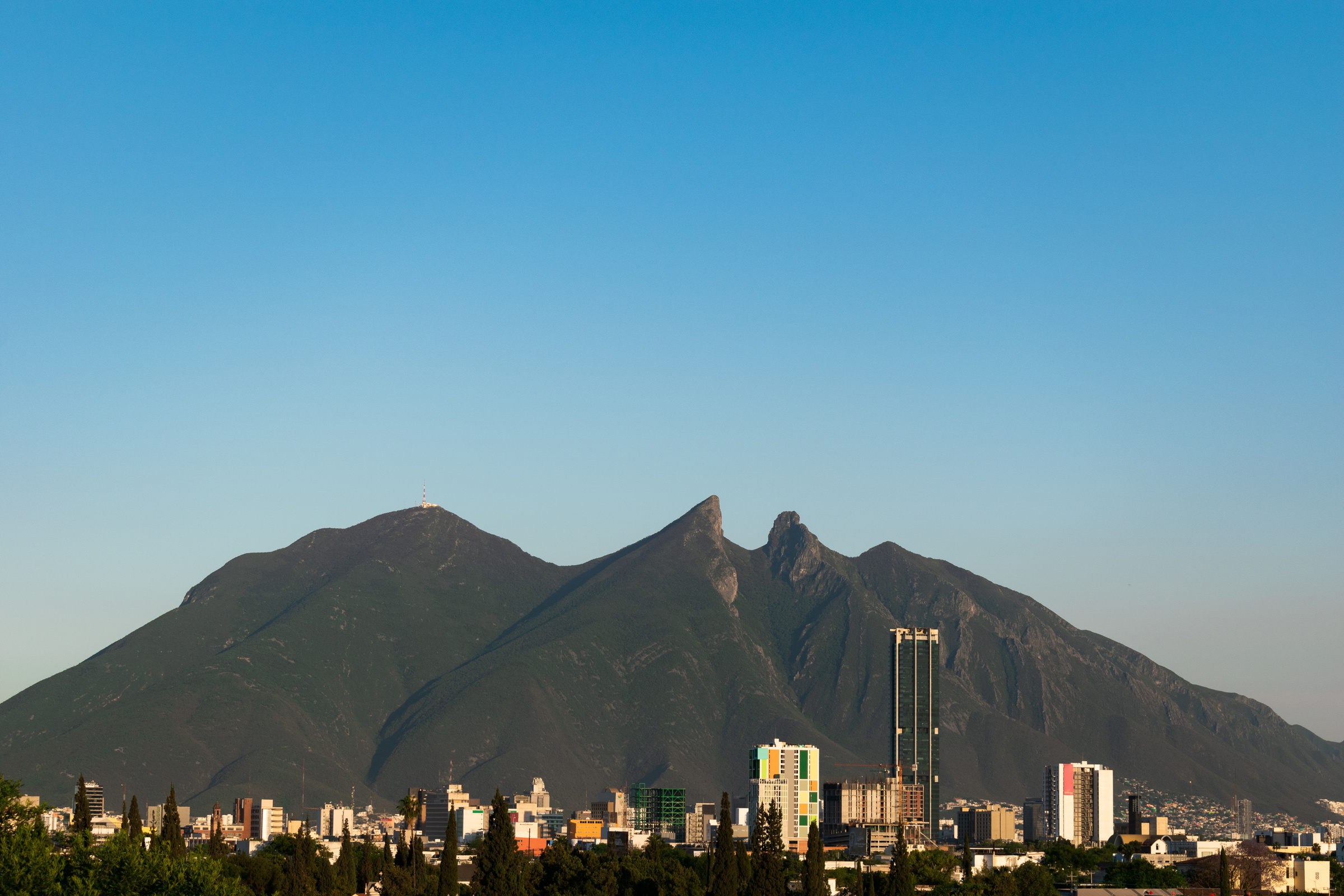 Cerro de la Silla panorama in Monterrey, Mexico on a clear blue day